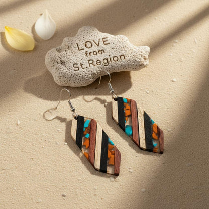 Multi-Colored Resin and Wood Silvertone Striped Hexagonal Hook Earrings, silver drop earrings for women, lifestyle look