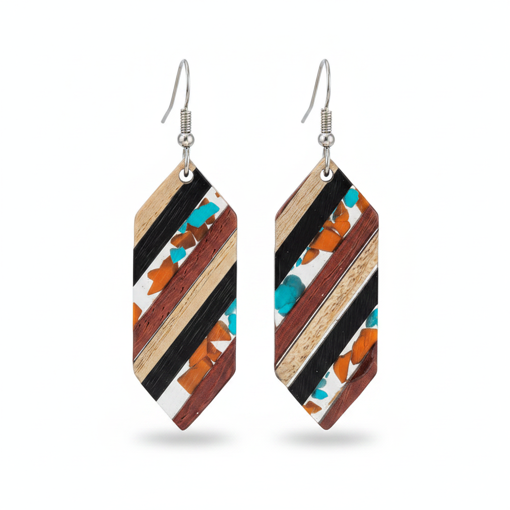 Multi-Colored Resin & Wood Silvertone Striped Hexagonal Hook Earrings - Street Region