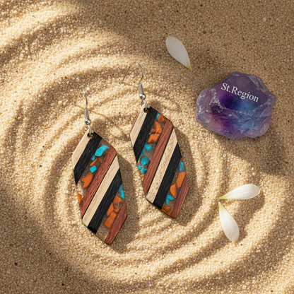Multi-Colored Resin & Wood Silvertone Striped Hexagonal Hook Earrings - Street Region