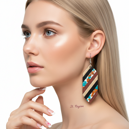 Multi-Colored Resin & Wood Silvertone Striped Hexagonal Hook Earrings - Street Region