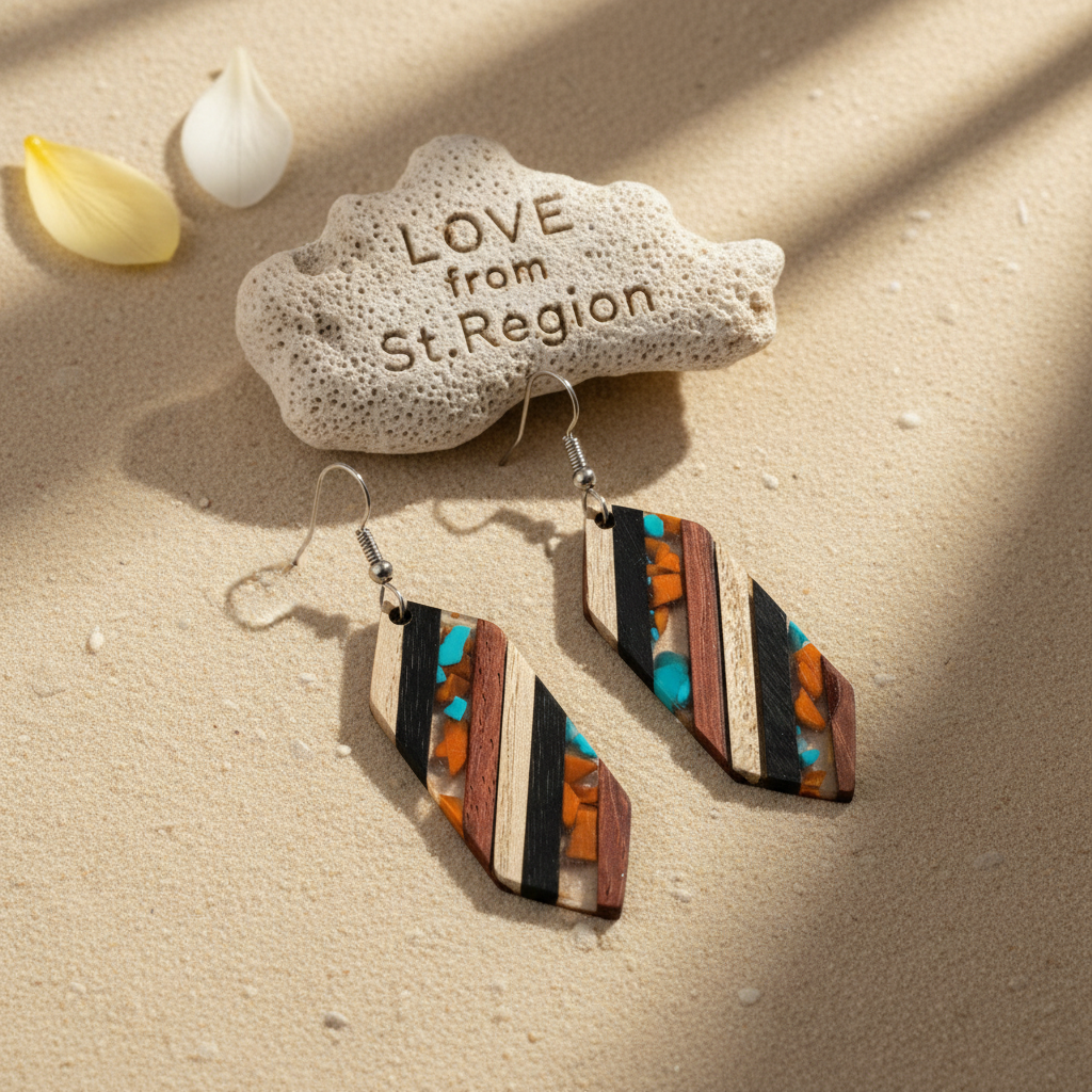 Multi-Colored Resin & Wood Silvertone Striped Hexagonal Hook Earrings - Street Region