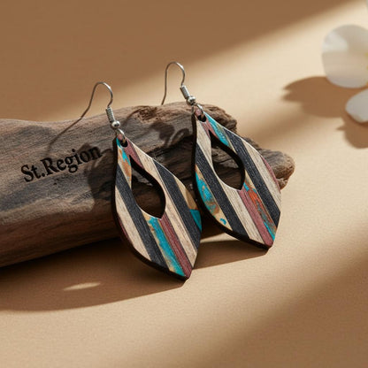 Multi-Colored Resin and Wood Silvertone Striped Almond Hook Earrings, silver drop earrings for women, front view