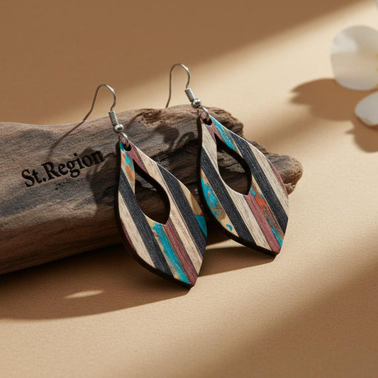 Multi-Colored Resin and Wood Silvertone Striped Almond Hook Earrings, gold drop earrings for women, front view