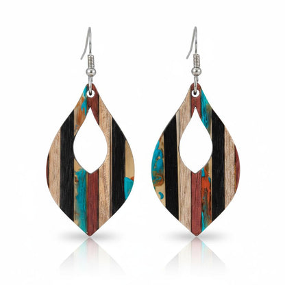 Multi-Colored Resin and Wood Silvertone Striped Almond Hook Earrings, silver drop earrings for women, side view