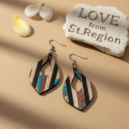Multi-Colored Resin and Wood Silvertone Striped Almond Hook Earrings, silver drop earrings for women, lifestyle look