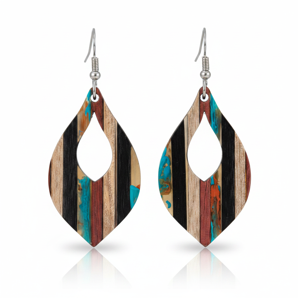 Multi-Colored Resin & Wood Silvertone Striped Almond Hook Earrings - Street Region