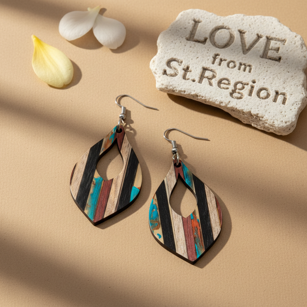 Multi-Colored Resin & Wood Silvertone Striped Almond Hook Earrings - Street Region