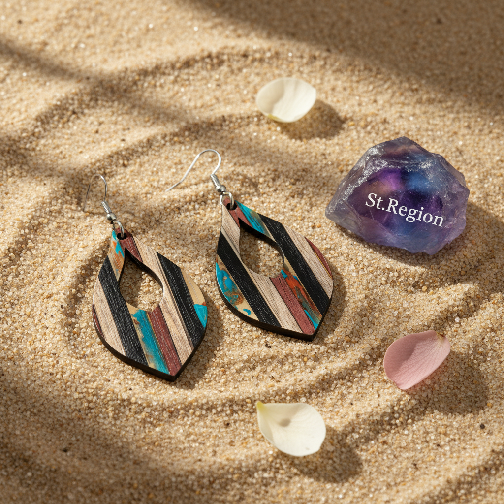 Multi-Colored Resin & Wood Silvertone Striped Almond Hook Earrings - Street Region