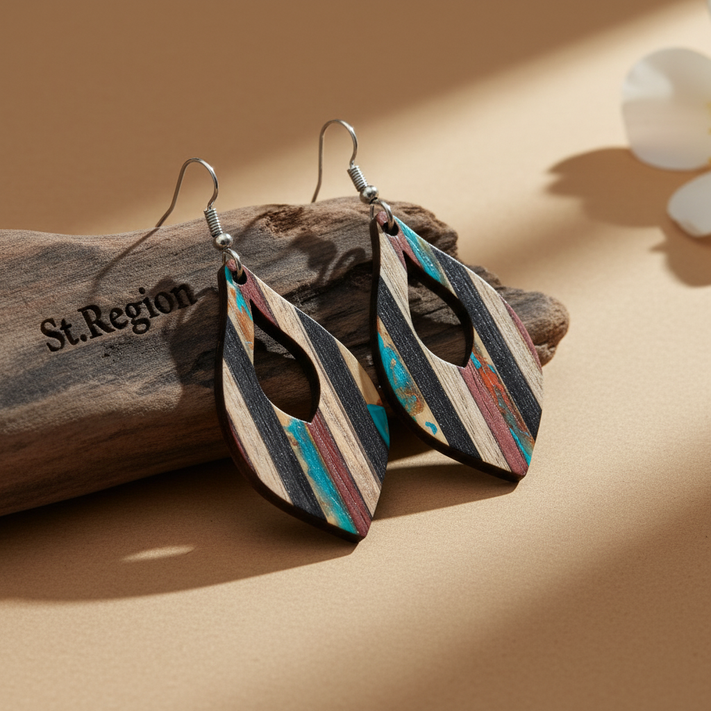 Multi-Colored Resin & Wood Silvertone Striped Almond Hook Earrings - Street Region