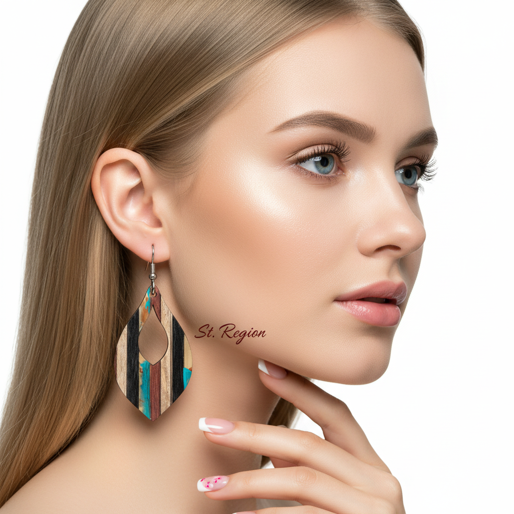 Multi-Colored Resin & Wood Silvertone Striped Almond Hook Earrings - Street Region