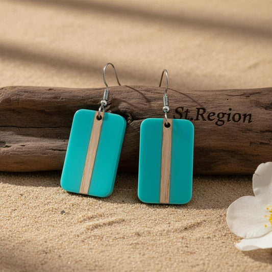 Light Blue Resin and Wood Silvertone Rectangle Hook Earrings, gold drop earrings for women, botanical inspired, front view