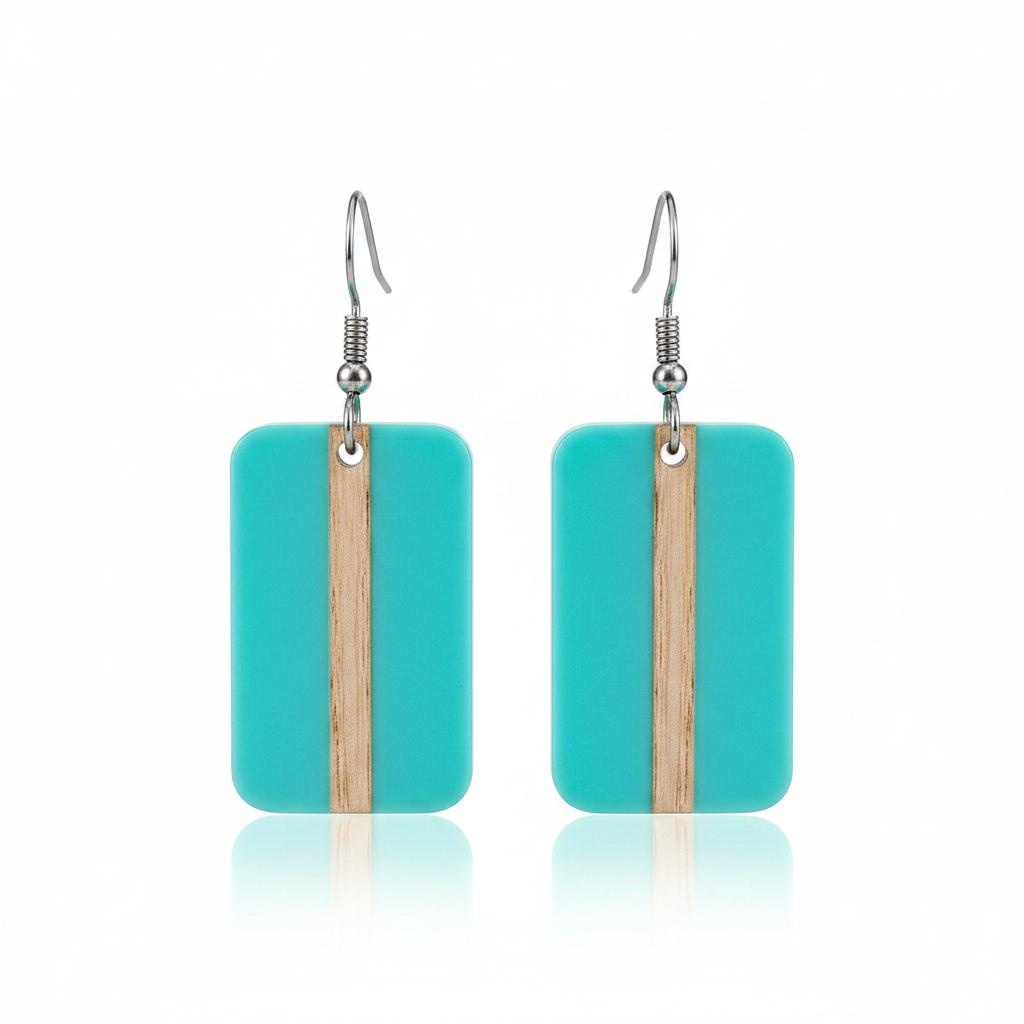 Light Blue Resin and Wood Silvertone Rectangle Hook Earrings, silver drop earrings for women, botanical inspired, side view