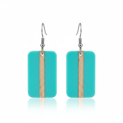 Light Blue Resin and Wood Silvertone Rectangle Hook Earrings, silver drop earrings for women, botanical inspired, side view