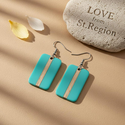 Light Blue Resin and Wood Silvertone Rectangle Hook Earrings, silver drop earrings for women, lifestyle look