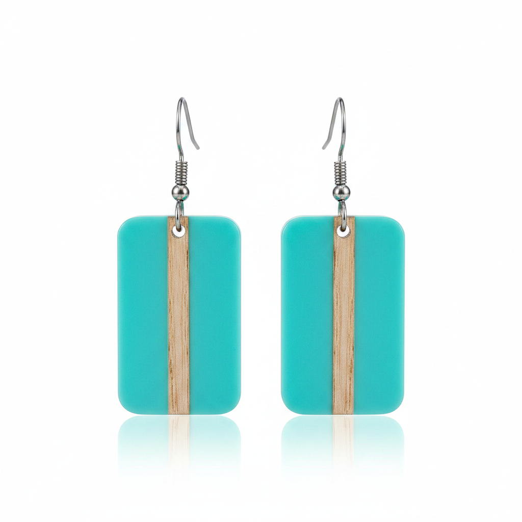 Light Blue Resin & Wood Silvertone Rectangle Hook Earrings - Street Region