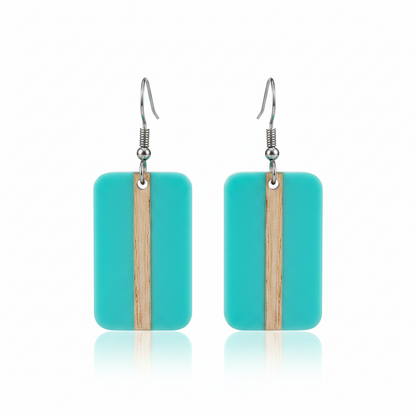 Light Blue Resin & Wood Silvertone Rectangle Hook Earrings - Street Region