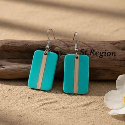 Light Blue Resin & Wood Silvertone Rectangle Hook Earrings - Street Region
