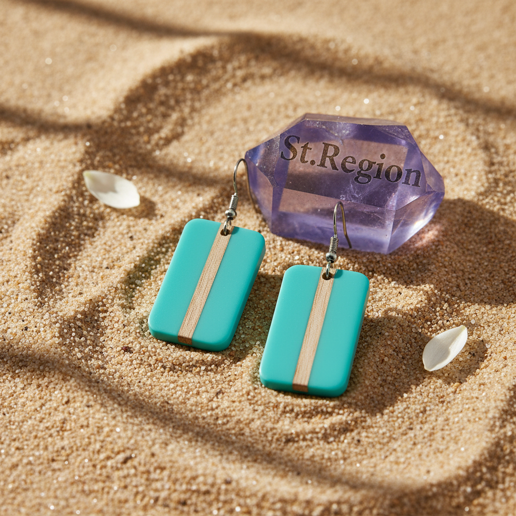 Light Blue Resin & Wood Silvertone Rectangle Hook Earrings - Street Region