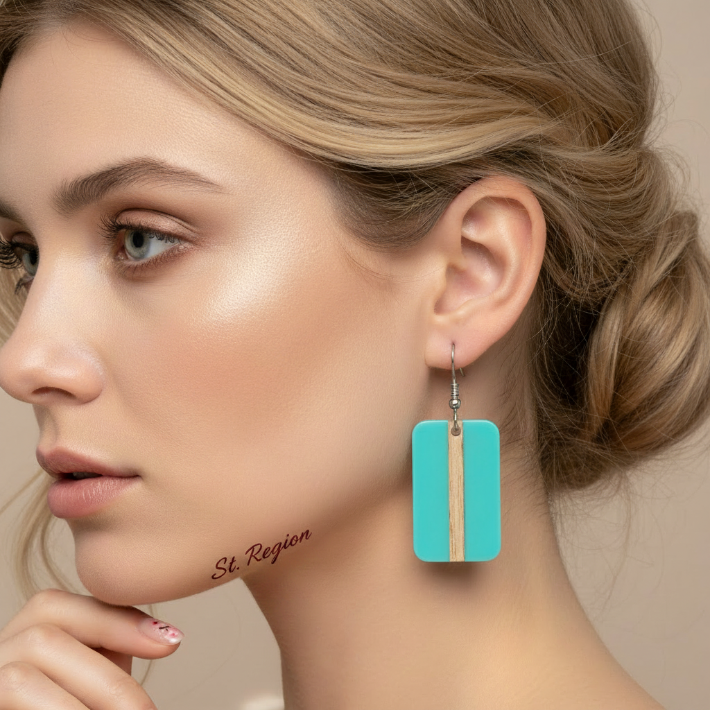 Light Blue Resin & Wood Silvertone Rectangle Hook Earrings - Street Region