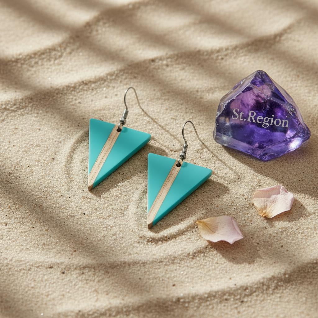 Light Blue Resin and Wood Silvertone Triangle Hook Earrings, silver drop earrings for women, everyday style, detail close-up