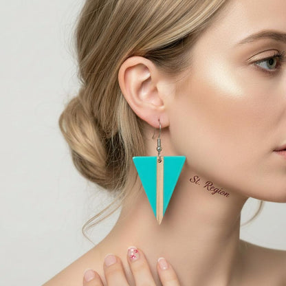 Light Blue Resin and Wood Silvertone Triangle Hook Earrings, silver drop earrings for women, everyday style, styled look