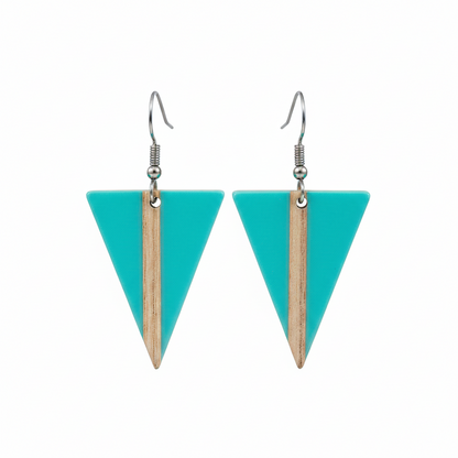Light Blue Resin & Wood Silvertone Triangle Hook Earrings - Street Region