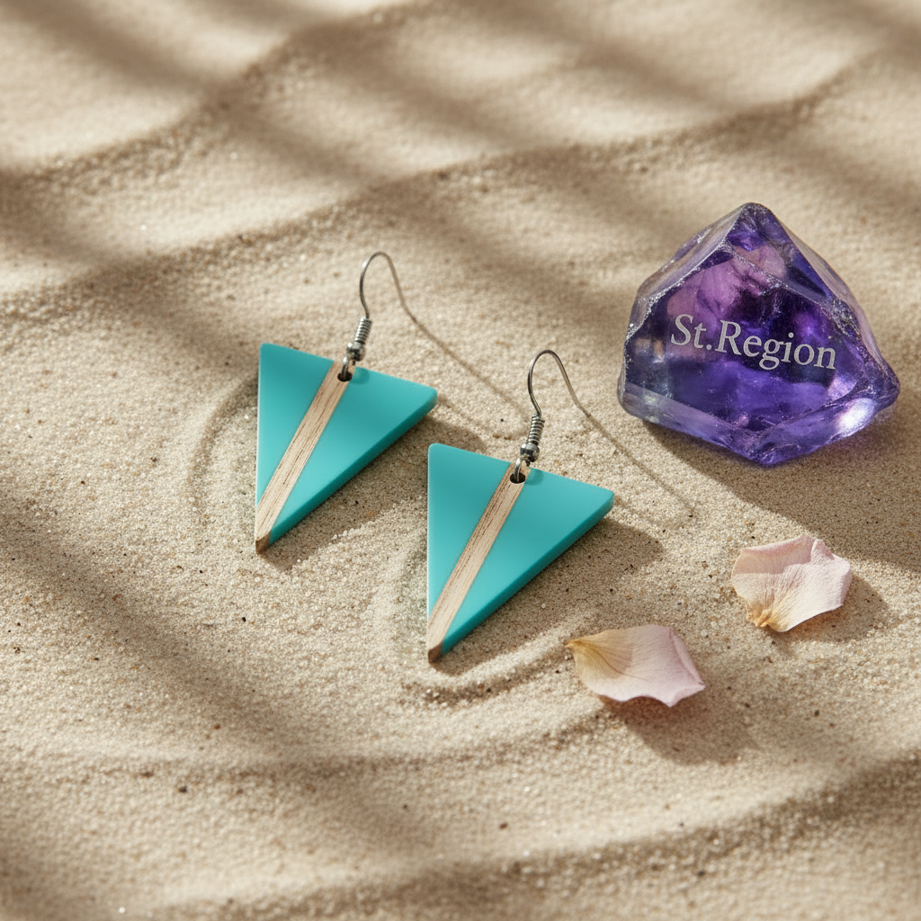 Light Blue Resin & Wood Silvertone Triangle Hook Earrings - Street Region