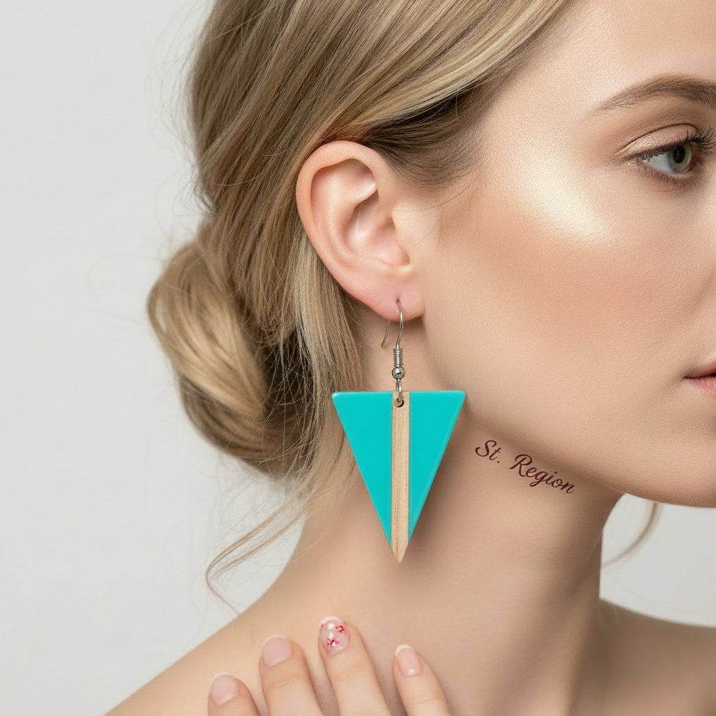 Light Blue Resin & Wood Silvertone Triangle Hook Earrings - Street Region