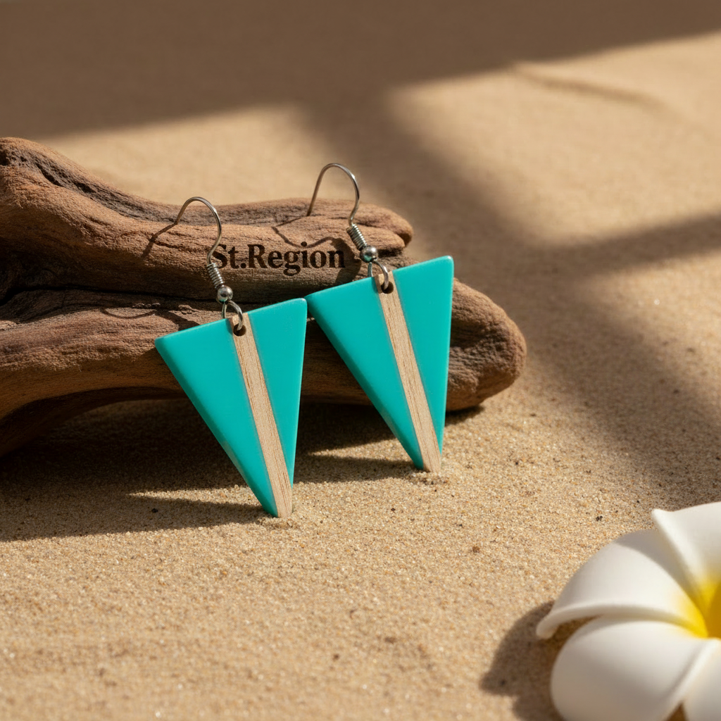 Light Blue Resin & Wood Silvertone Triangle Hook Earrings - Street Region