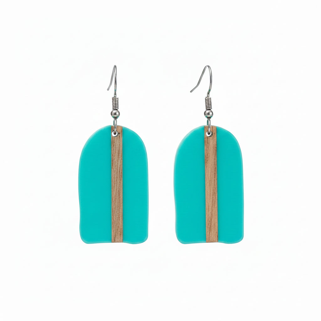 Light Blue Resin & Wood Silvertone Arch Hook Earrings - Street Region