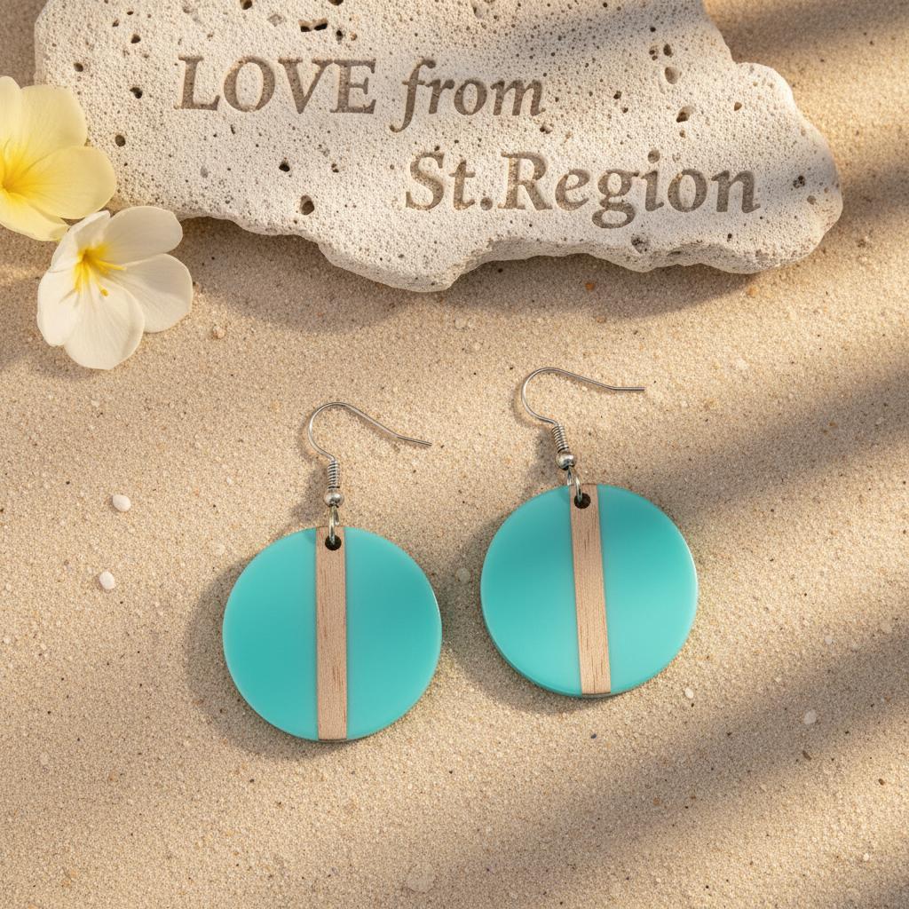 Light Blue Resin and Wood Silvertone Round Hook Earrings, silver drop earrings for women, lifestyle look