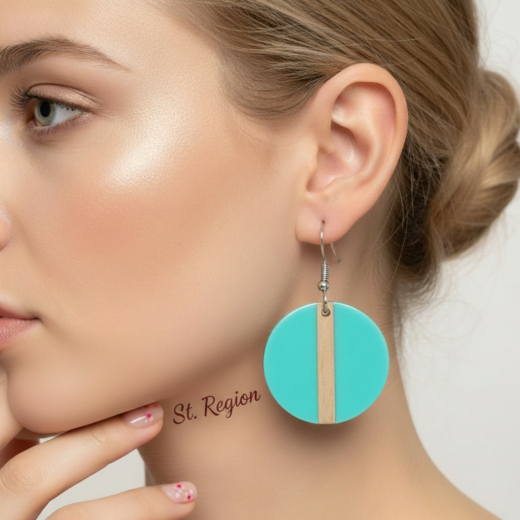 Light Blue Resin & Wood Silvertone Round Hook Earrings - Street Region