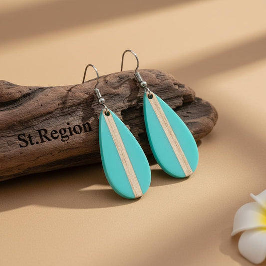 Light Blue Resin and Wood Silvertone Drop-Shape Hook Earrings, gold drop earrings for women, front view