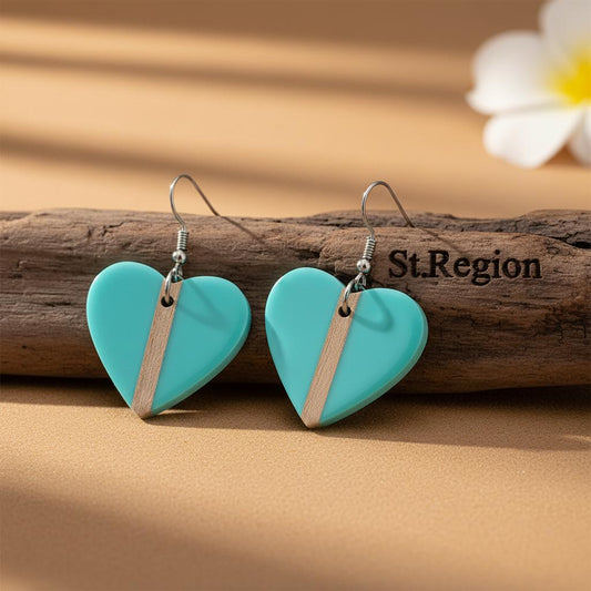 Light Blue Resin and Wood Silvertone Heart Hook Earrings, gold drop earrings for women, elegant gift for her, front view