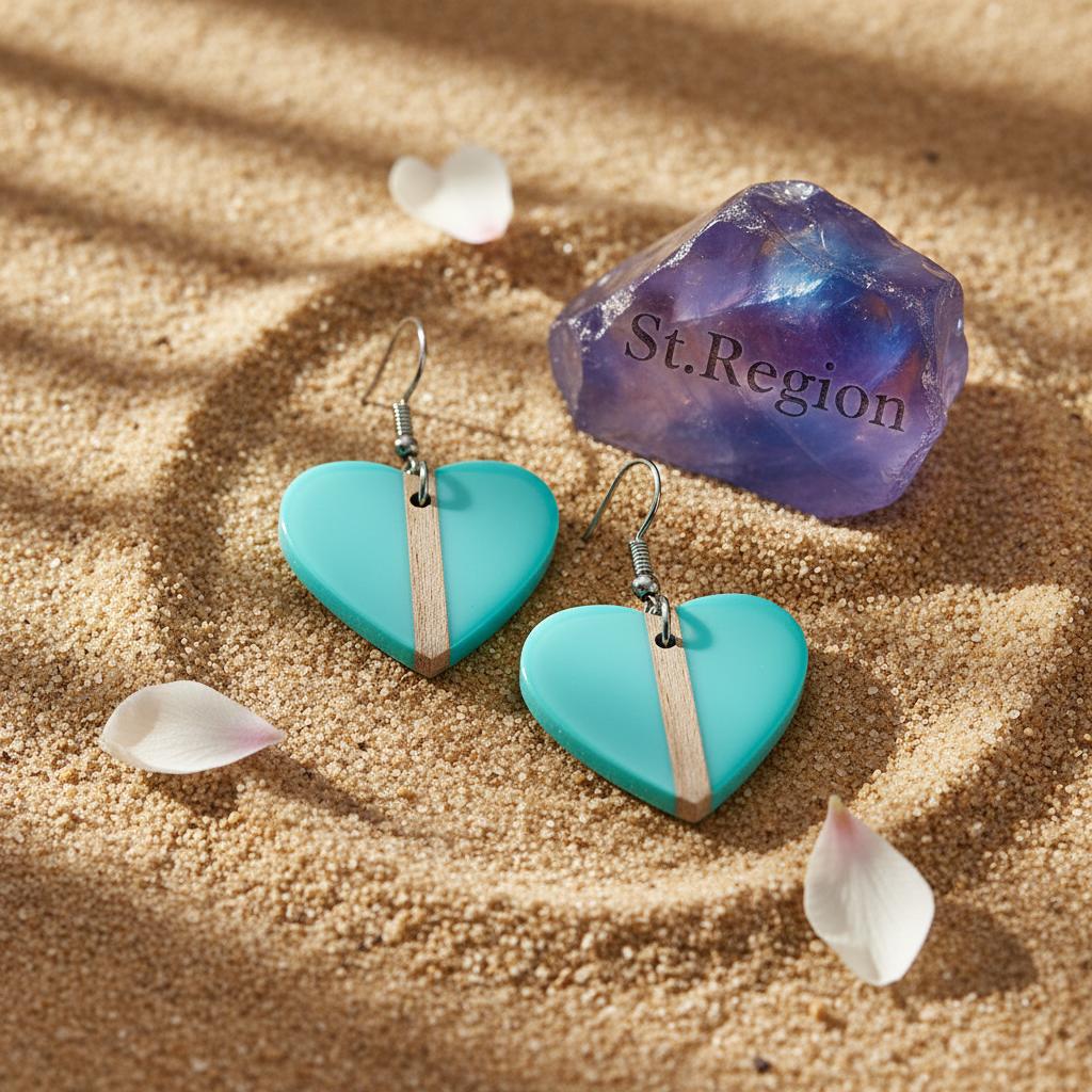 Light Blue Resin and Wood Silvertone Heart Hook Earrings, silver drop earrings for women, detail close-up