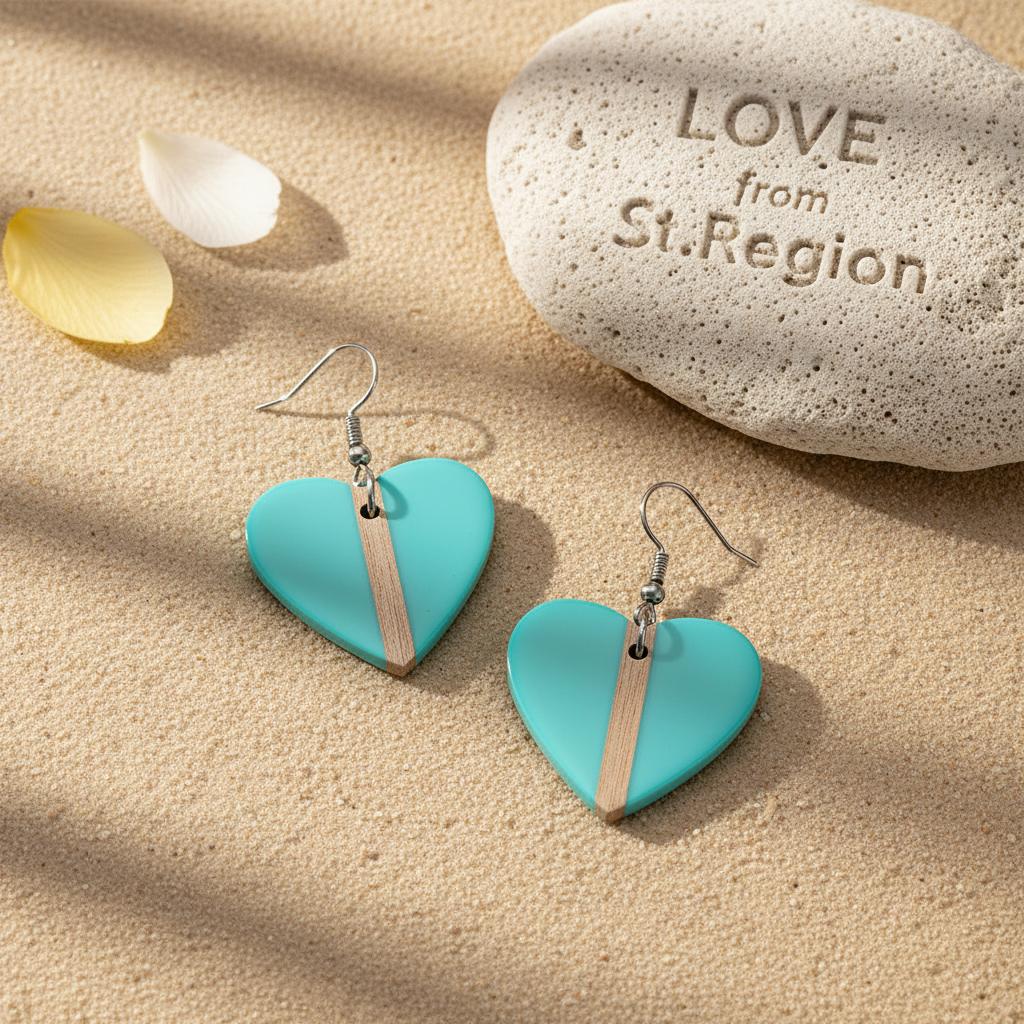 Light Blue Resin and Wood Silvertone Heart Hook Earrings, silver drop earrings for women, lifestyle look
