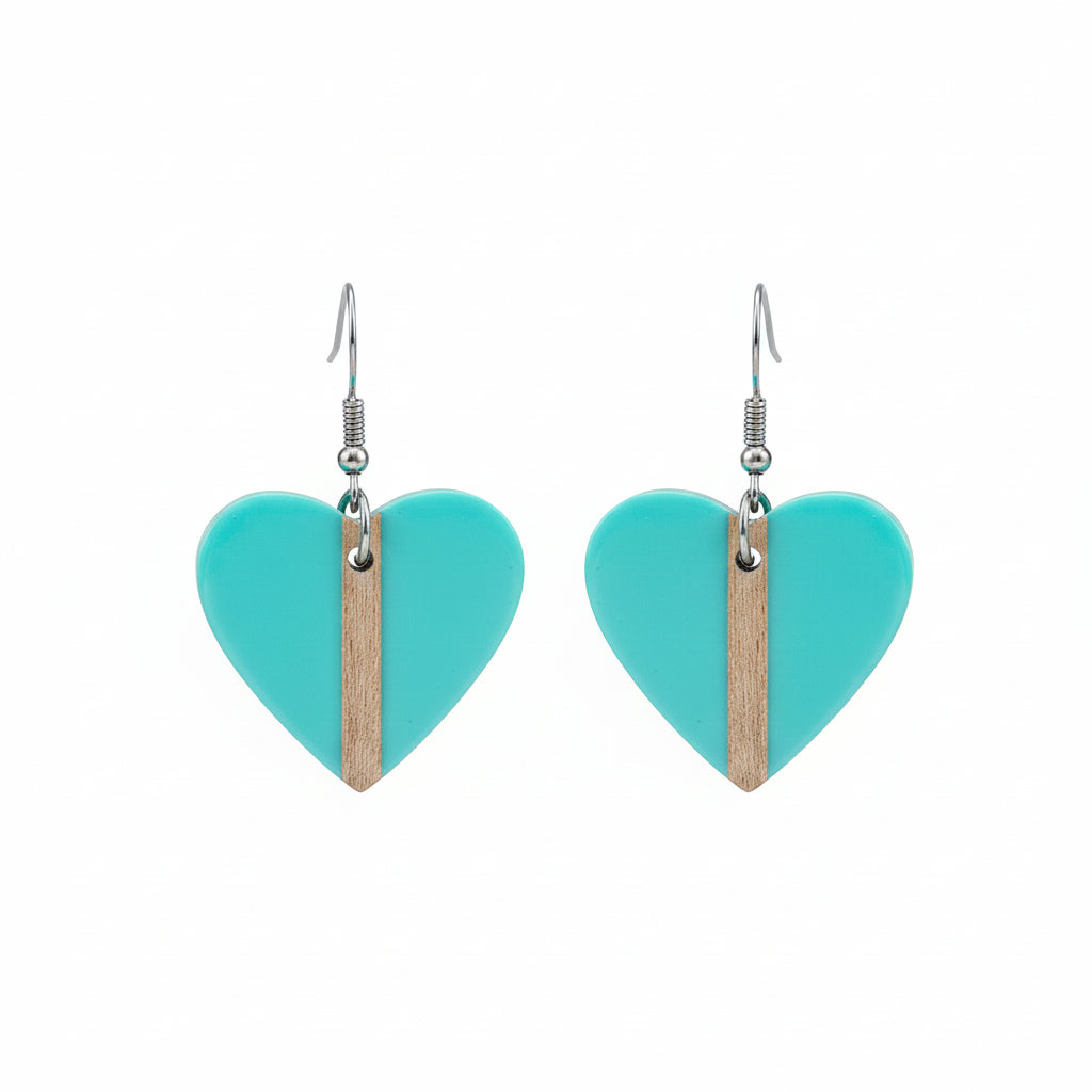 Light Blue Resin & Wood Silvertone Heart Hook Earrings - Street Region