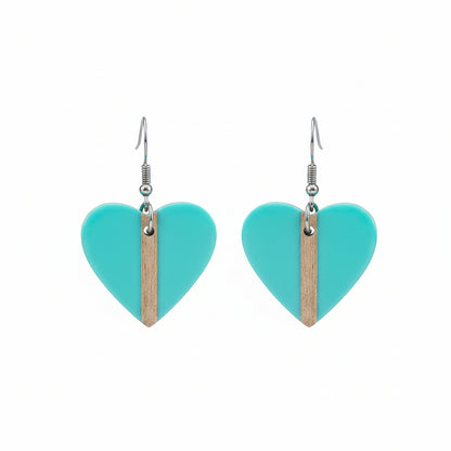 Light Blue Resin & Wood Silvertone Heart Hook Earrings - Street Region