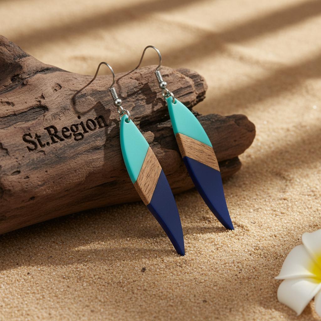 Mint Green and Navy Resin Wood Silvertone Color-Block Leaf Hook Earrings, silver drop earrings for women, front view