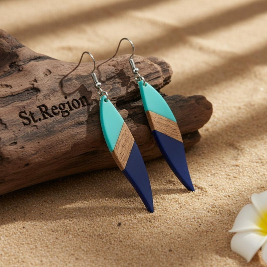 Mint Green and Navy Resin Wood Silvertone Color-Block Leaf Hook Earrings, gold drop earrings for women, front view