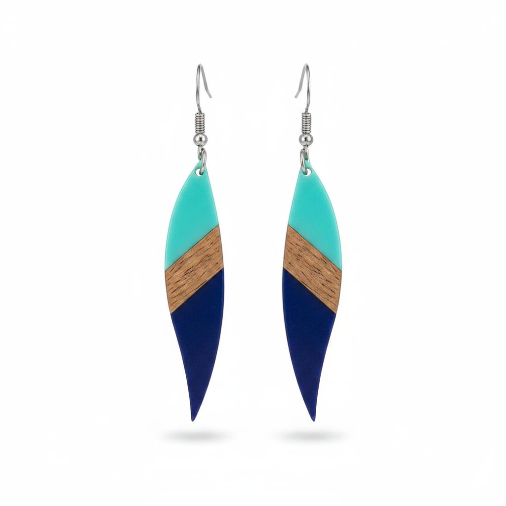 Mint Green and Navy Resin Wood Silvertone Color-Block Leaf Hook Earrings, silver drop earrings for women, side view