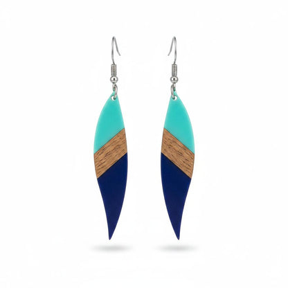 Mint Green and Navy Resin Wood Silvertone Color-Block Leaf Hook Earrings, silver drop earrings for women, side view