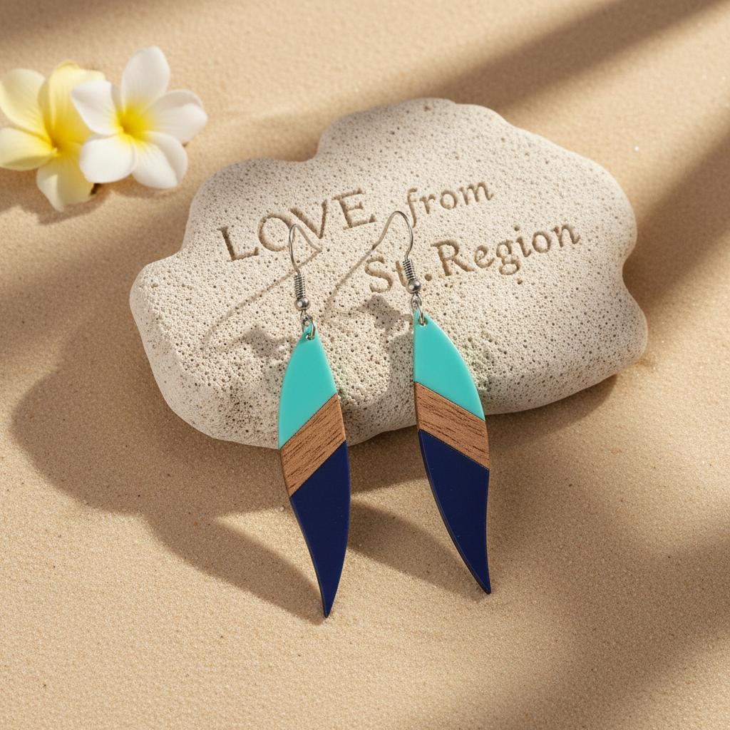 Mint Green and Navy Resin Wood Silvertone Color-Block Leaf Hook Earrings, silver drop earrings for women, lifestyle look