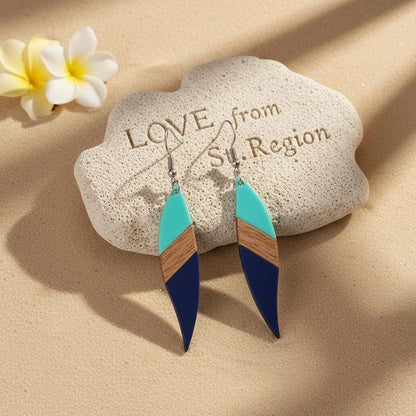 Mint Green and Navy Resin Wood Silvertone Color-Block Leaf Hook Earrings, silver drop earrings for women, lifestyle look