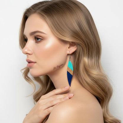 Mint Green and Navy Resin Wood Silvertone Color-Block Leaf Hook Earrings, silver drop earrings for women, styled look