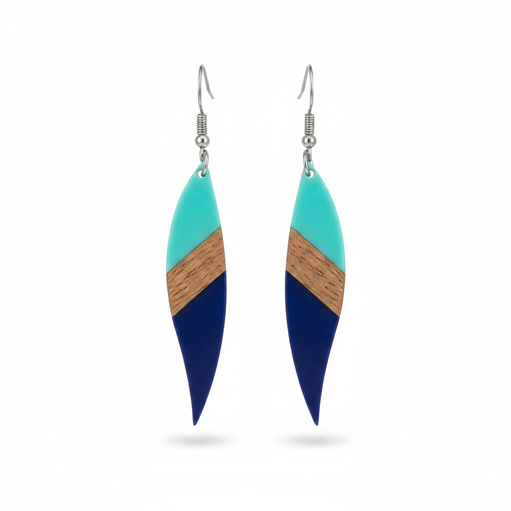 Mint Green & Navy Resin Wood Silvertone Color-Block Leaf Hook Earrings - Street Region