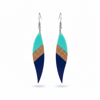 Mint Green & Navy Resin Wood Silvertone Color-Block Leaf Hook Earrings - Street Region