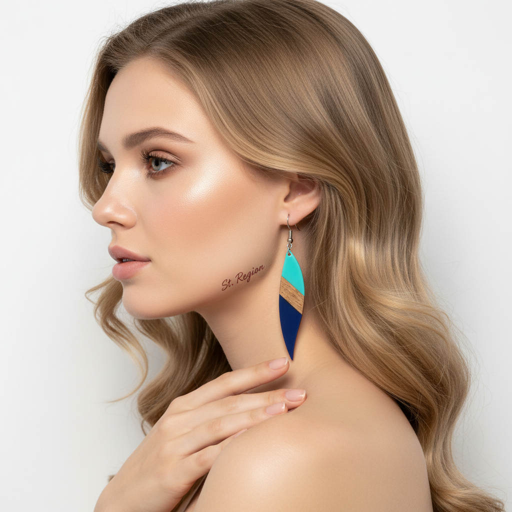 Mint Green & Navy Resin Wood Silvertone Color-Block Leaf Hook Earrings - Street Region