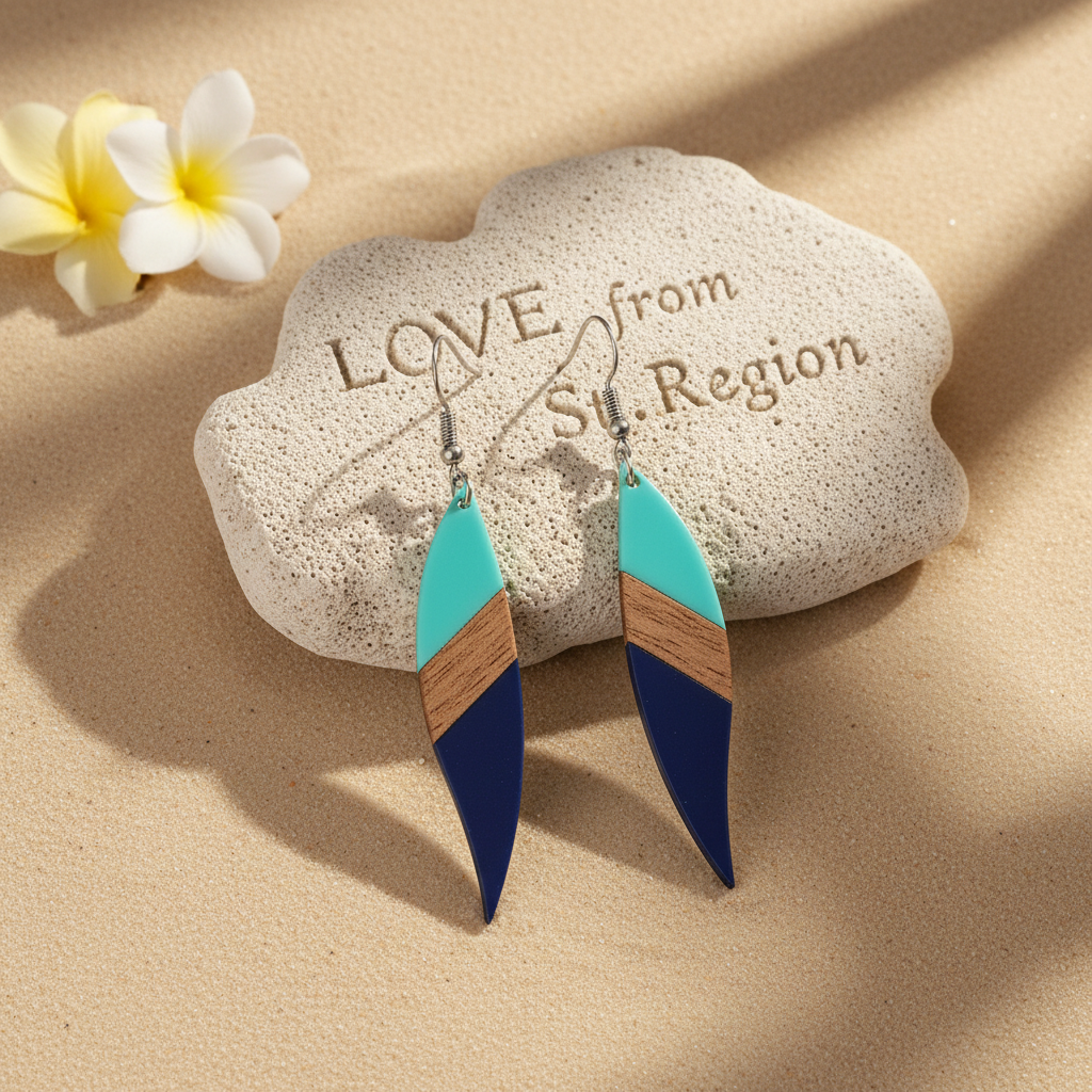 Mint Green & Navy Resin Wood Silvertone Color-Block Leaf Hook Earrings - Street Region