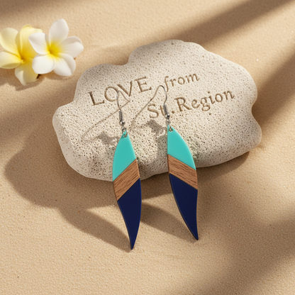 Mint Green & Navy Resin Wood Silvertone Color-Block Leaf Hook Earrings - Street Region